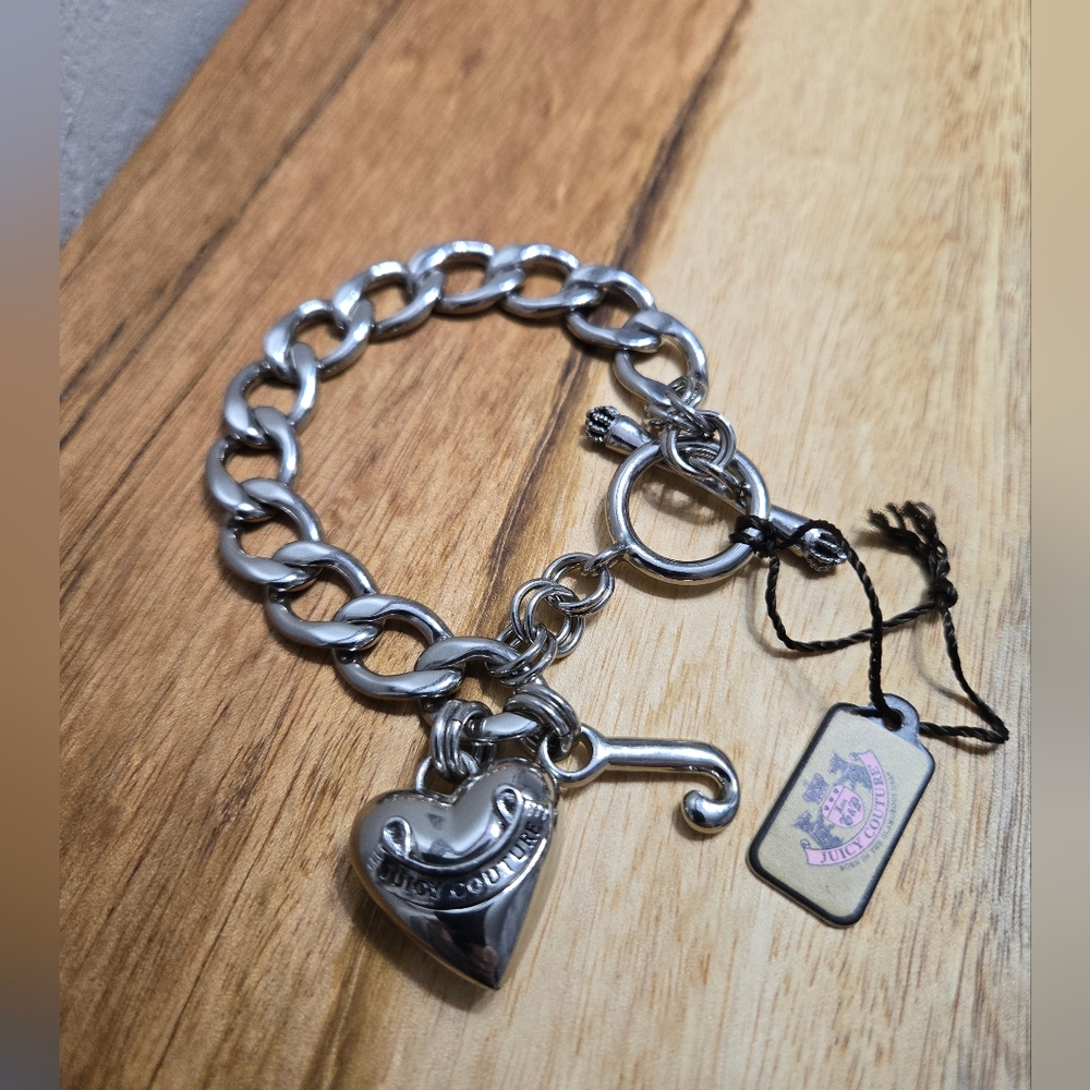 NWT Vintage Y2K Juicy Couture Heart & J Charms Silver Tone 12mm Link Bracelet